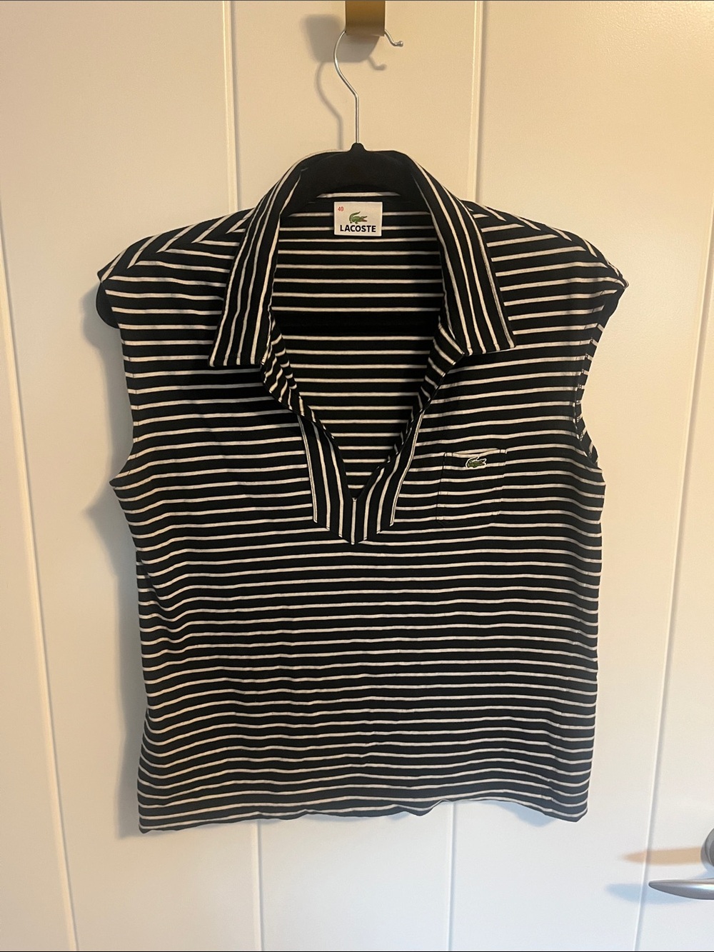 Lacoste Black and White Striped Polo Shirt with Green Crocodile Logo